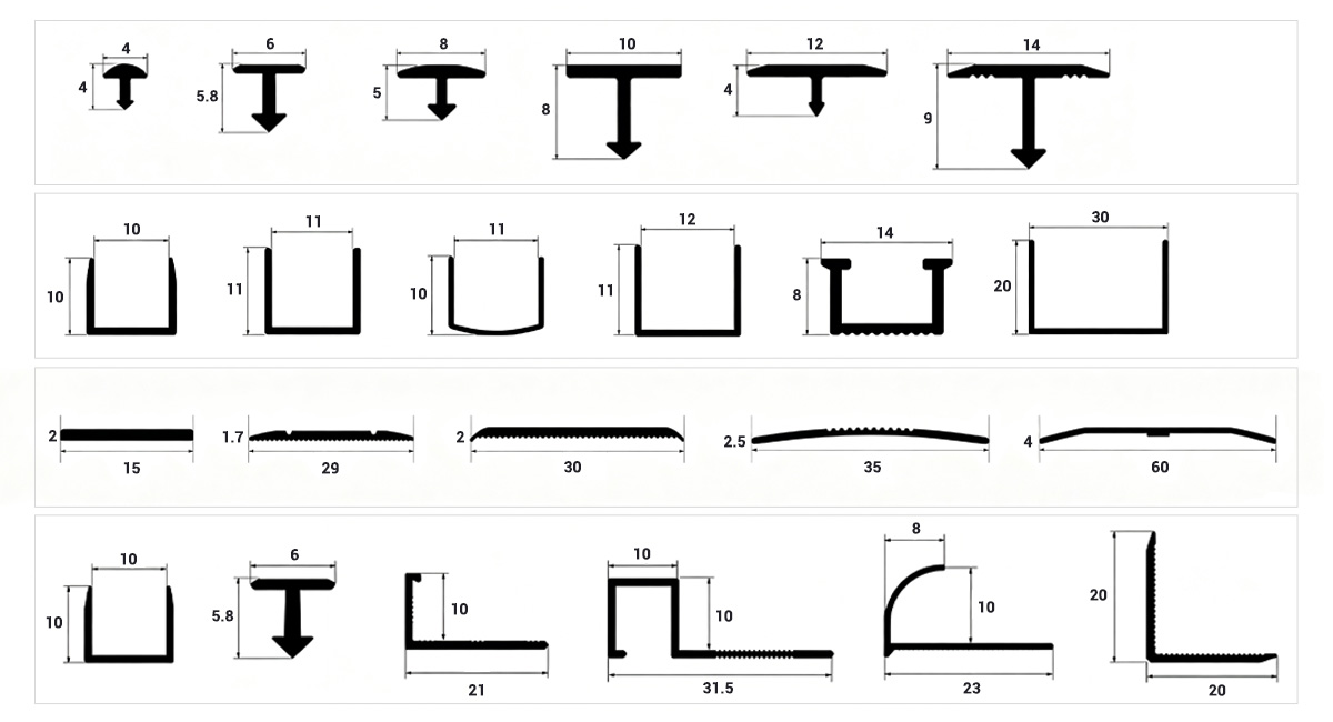 Aluminum trim for tile drawing